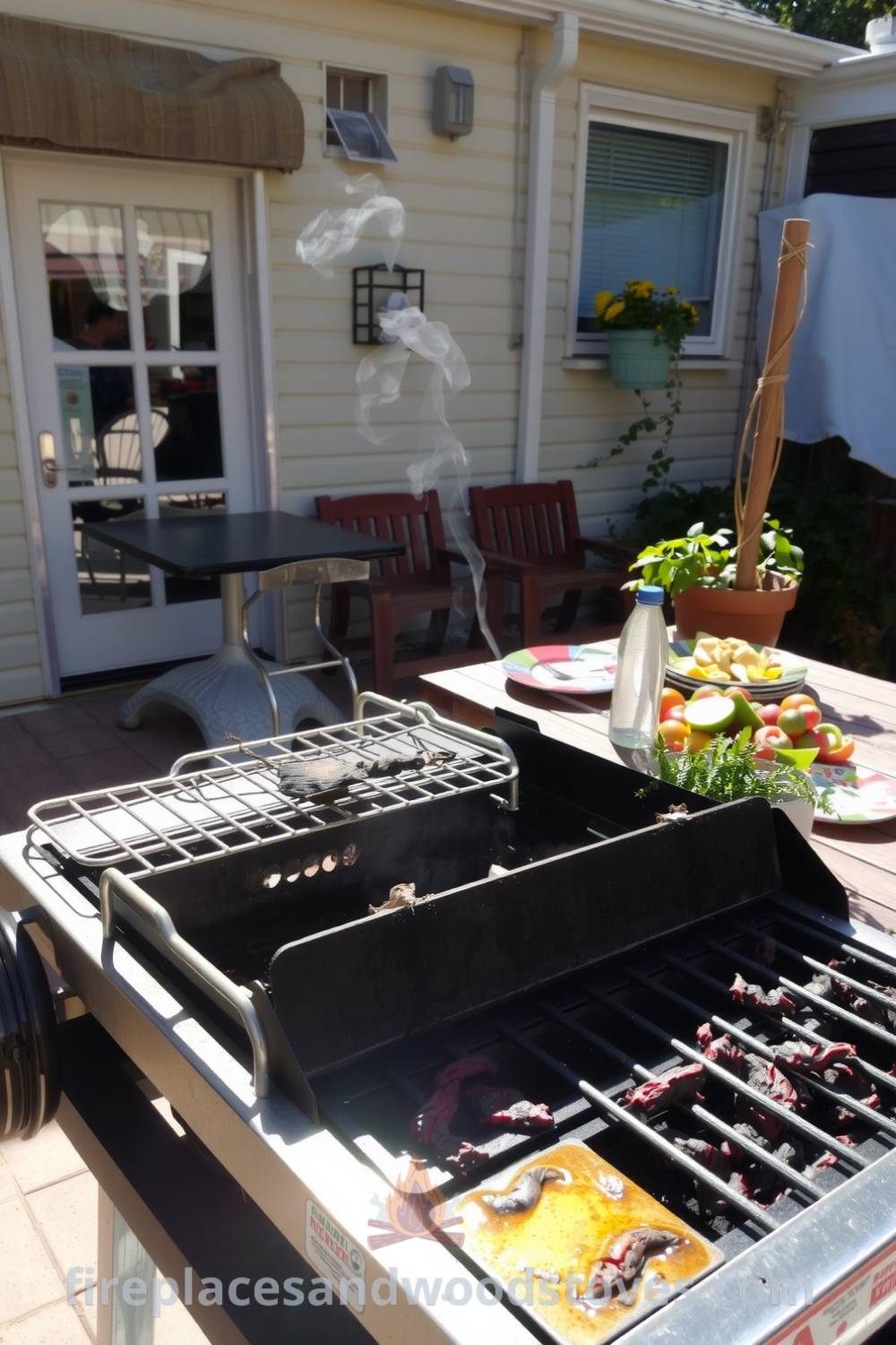 Sturdy barbecue grill on a sun-drenched patio with colorful plates, fresh ingredients, and potted herbs, creating a cozy atmosphere perfect for lively outdoor gatherings, featured on fireplacesandwoodstoves.com.