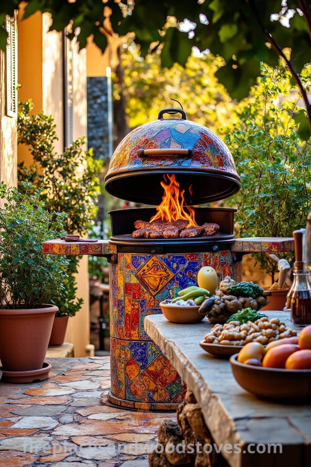 Vibrant outdoor barbecue on a sun-kissed patio with colorful Mediterranean tiles, cheerful wood-fueled flames, a rustic wooden table laden with fresh produce and grilling tools, surrounded by swaying potted herbs, creating a lively and intimate coastal gathering spot. Visit fireplacesandwoodstoves.com for cozy ideas and inspirations for your home.