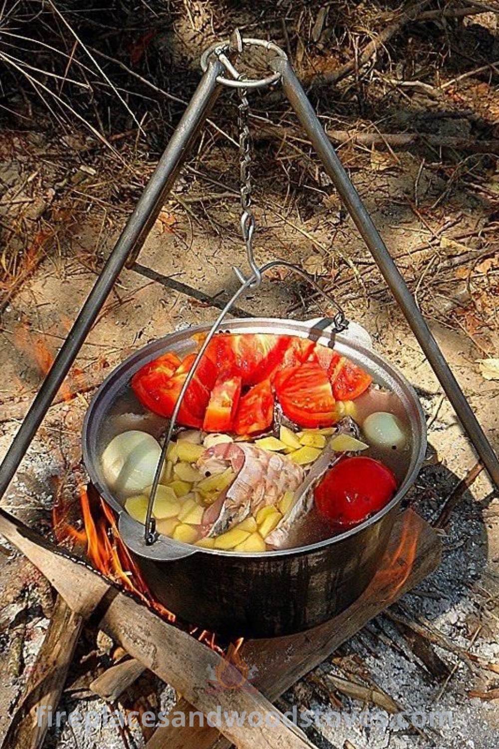 A metal pot filled with delicious venison vegetable soup sitting on top of a fire, ideal for camping and outdoor gatherings. Discover more vegetarian camping food ideas at patioandhomefurniture.com.