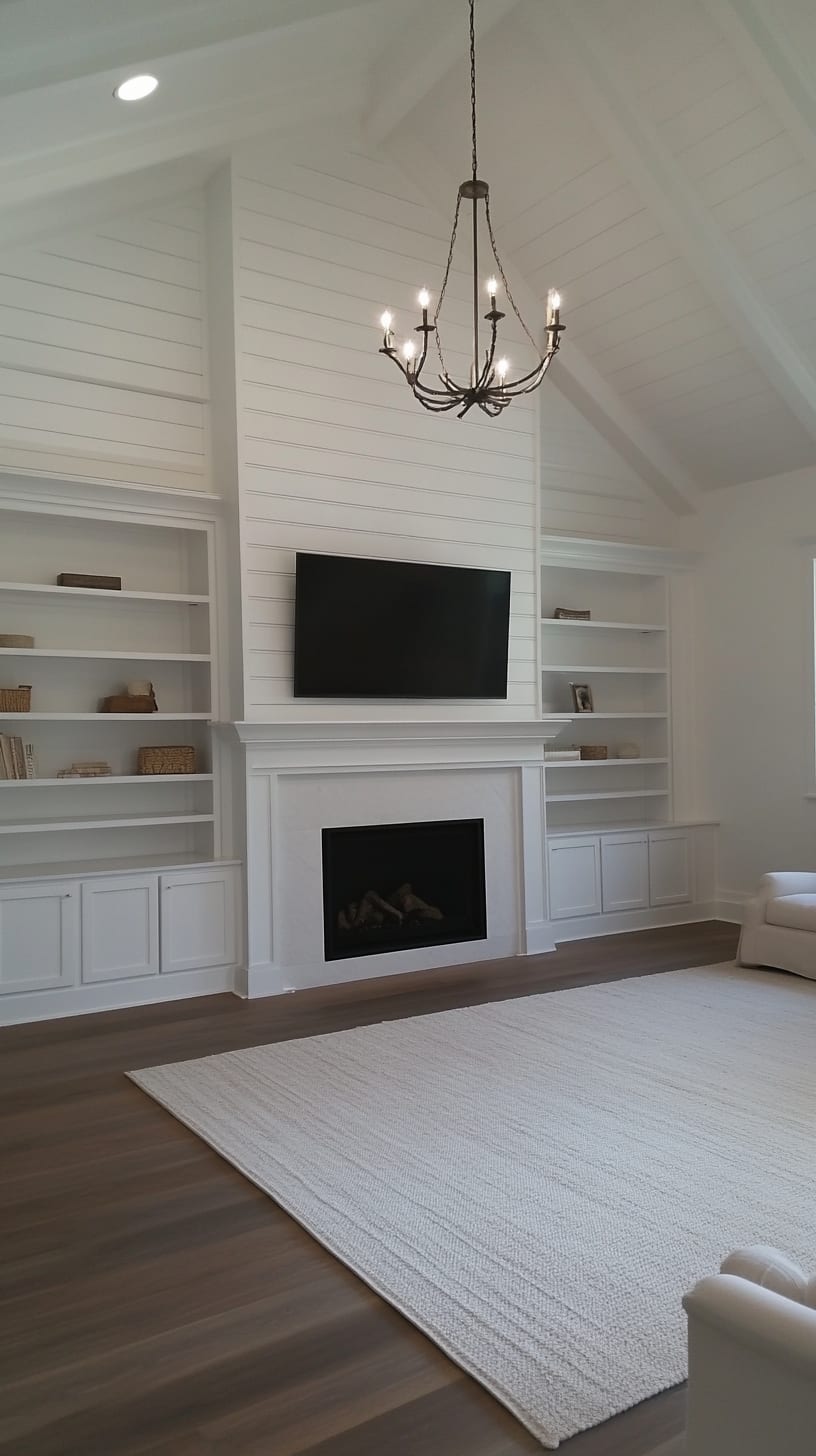 A spacious modern farmhouse living room featuring a white shiplap fireplace wall, built-in shelves, dark wood flooring, and a vaulted ceiling with a chandelier.