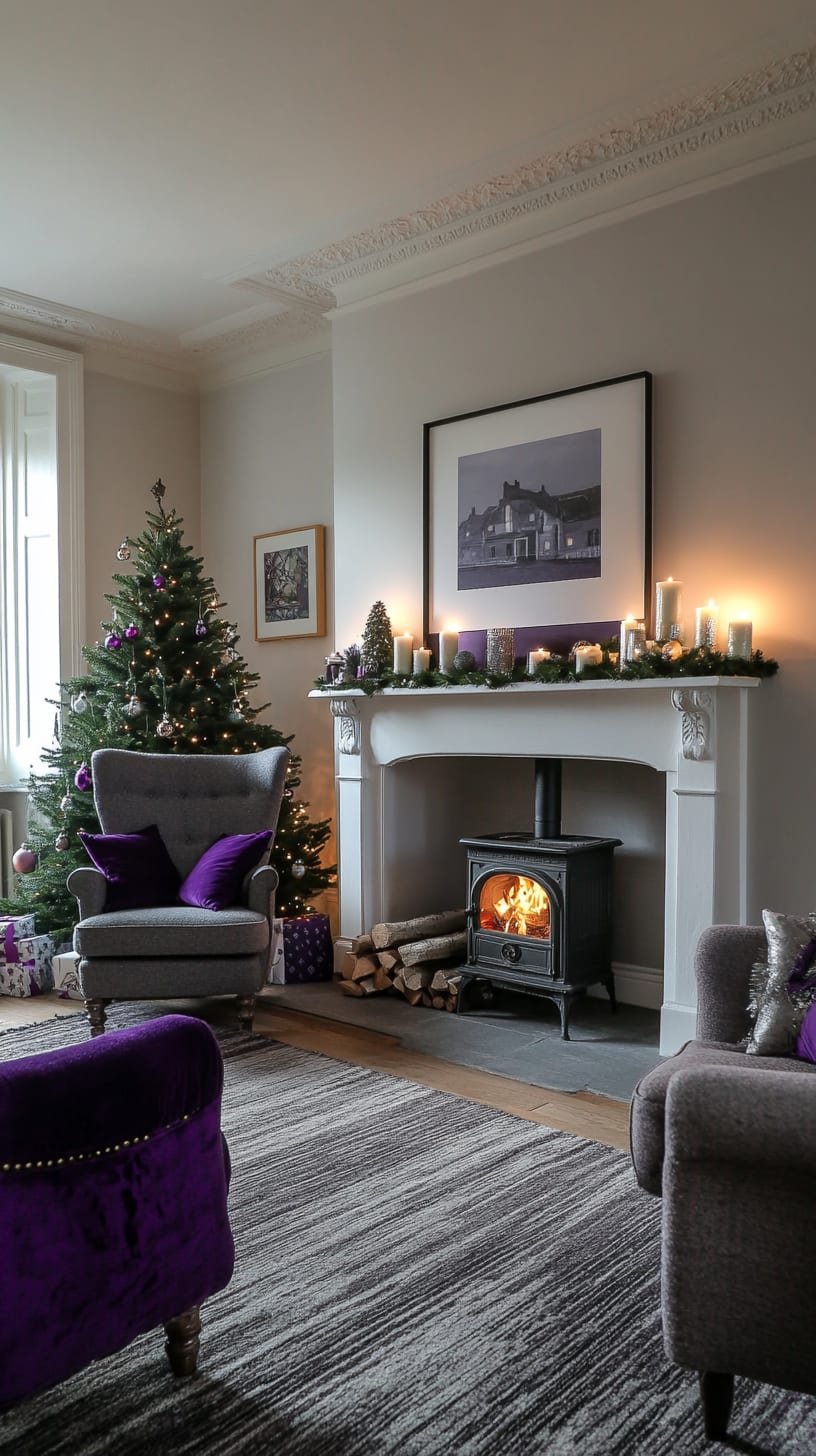A cozy living room decorated for Christmas, featuring grey walls, purple armchairs, a Christmas tree adorned with silver decorations, and candles creating a warm ambiance.