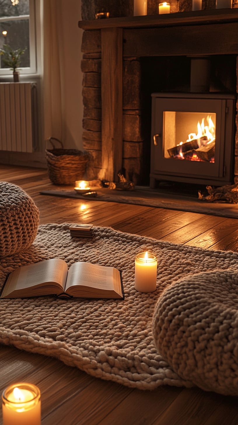 A cozy living room featuring a warm fireplace, an open book on the floor, surrounded by candles and a knitted rug, creating a welcoming atmosphere.