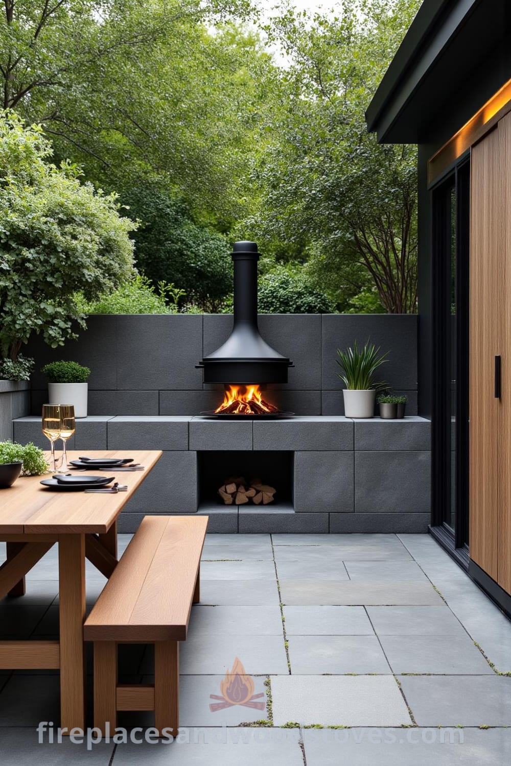 A Scandinavian minimalist outdoor barbecue made of smooth stone and natural wood, surrounded by greenery with warm flames flickering from the central grill, a wooden picnic table with simple tableware, and potted herbs, creating a cozy atmosphere for gathering, as seen on fireplacesandwoodstoves.com.