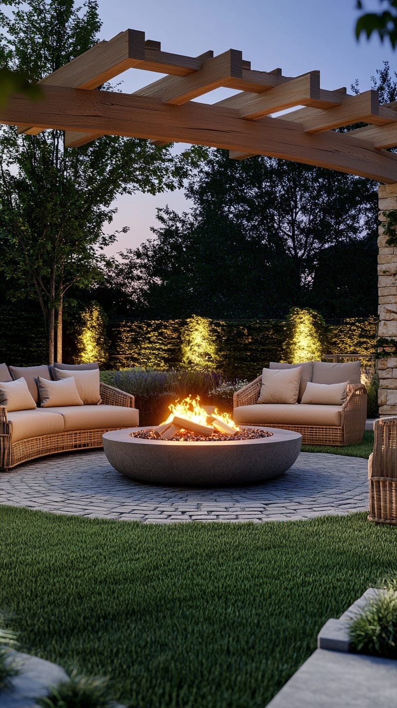 A modern outdoor seating area with comfortable sofas and chairs arranged around a circular fire pit, illuminated by warm lights under a wooden arbor, set on lush green grass.