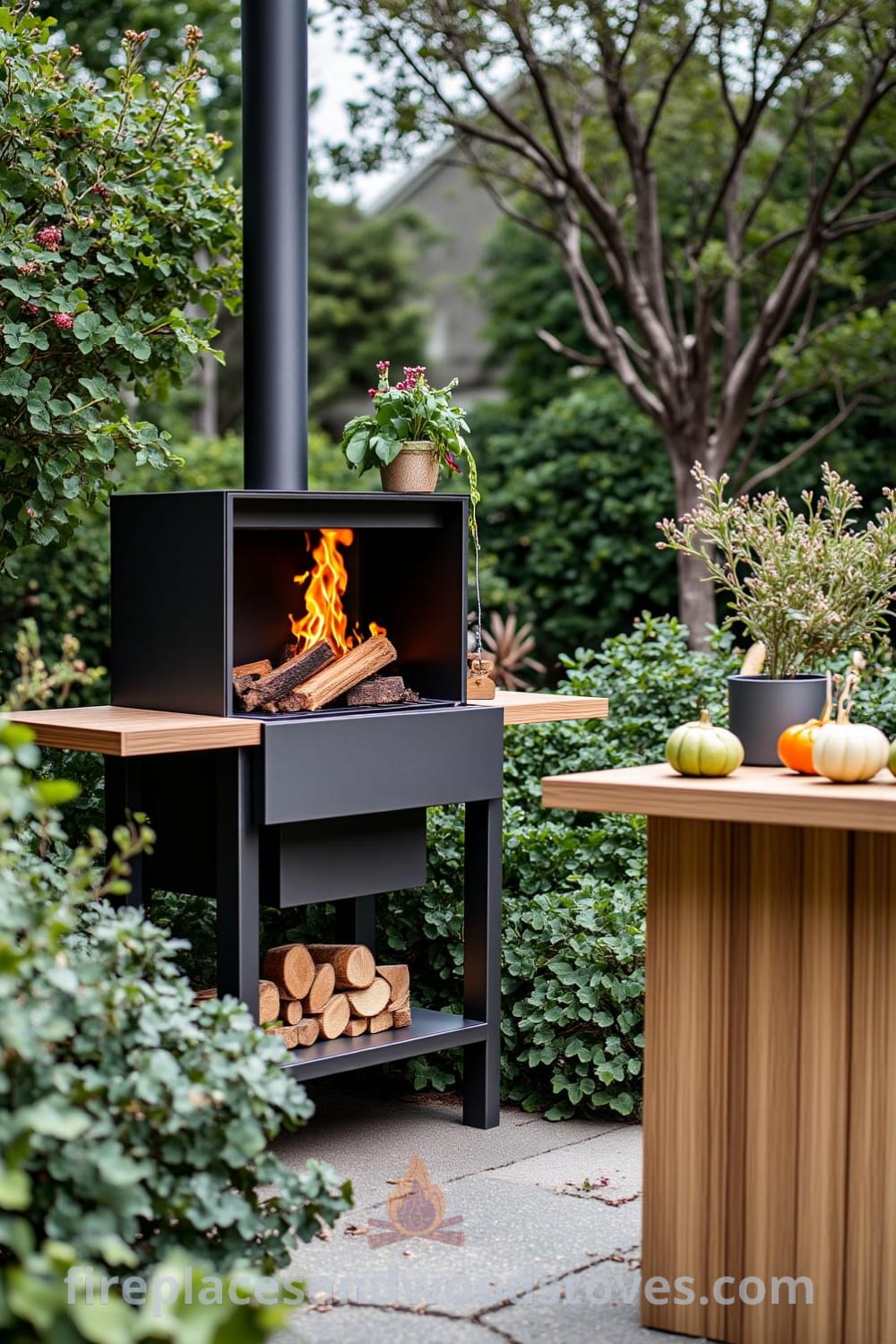 Scandinavian minimalist outdoor barbecue in a peaceful garden made from warm-toned wood and sleek metal accents, with flames gracefully leaping from the firebox, illuminating greenery and a stone path; featuring a nearby wooden table with seasonal vegetables, creating inviting decor ideas for your home; from fireplacesandwoodstoves.com.
