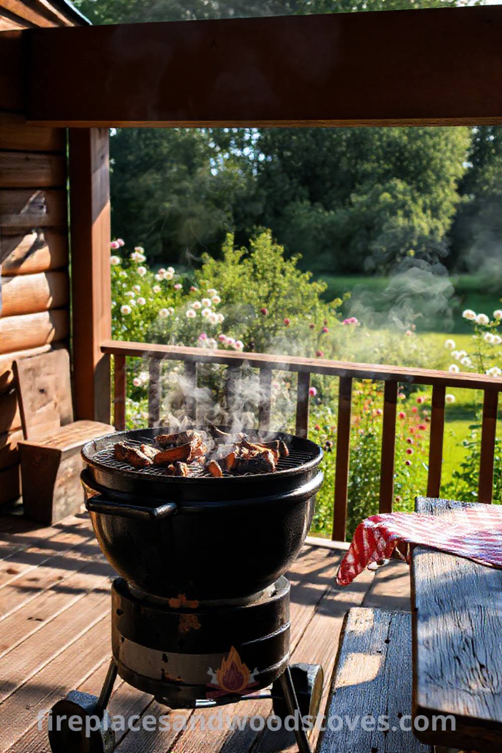 Charcoal grill barbecue on a wooden deck overlooking a sun-dappled garden, with a rustic picnic table prepared for dining, creating a cozy and inviting outdoor space for gatherings. Visit patioandhomefurniture.com for stylish outdoor design ideas that will wow your guests.