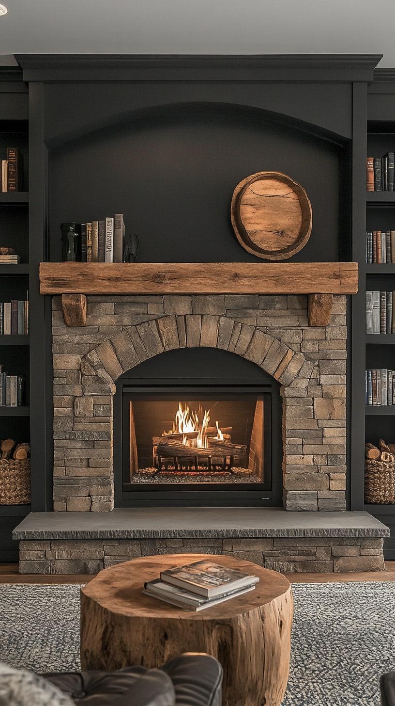 A cozy living room featuring a rustic stone fireplace with built-in bookshelves, dark gray walls, and a natural wood coffee table.