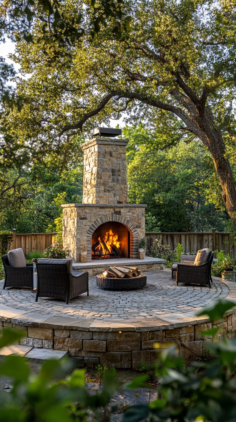 A rustic stone outdoor fireplace at the center of a circular patio surrounded by comfortable seating and greenery under tall oak trees.