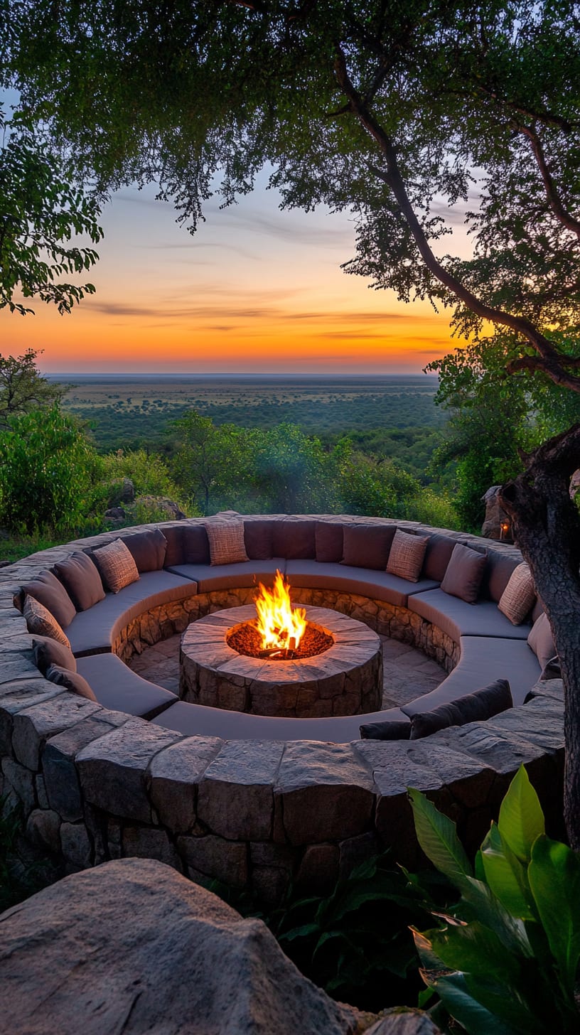 A cozy campfire setup with comfortable seating, overlooking an African sunset and rolling green hills.