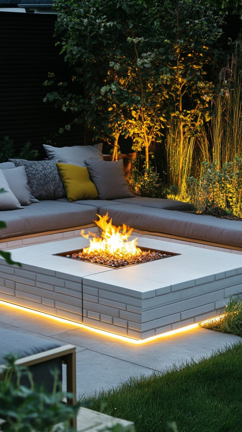 A modern outdoor fire pit made of white stone with glowing yellow lights, surrounded by grey cushions and lush greenery in a cozy garden setting at night.