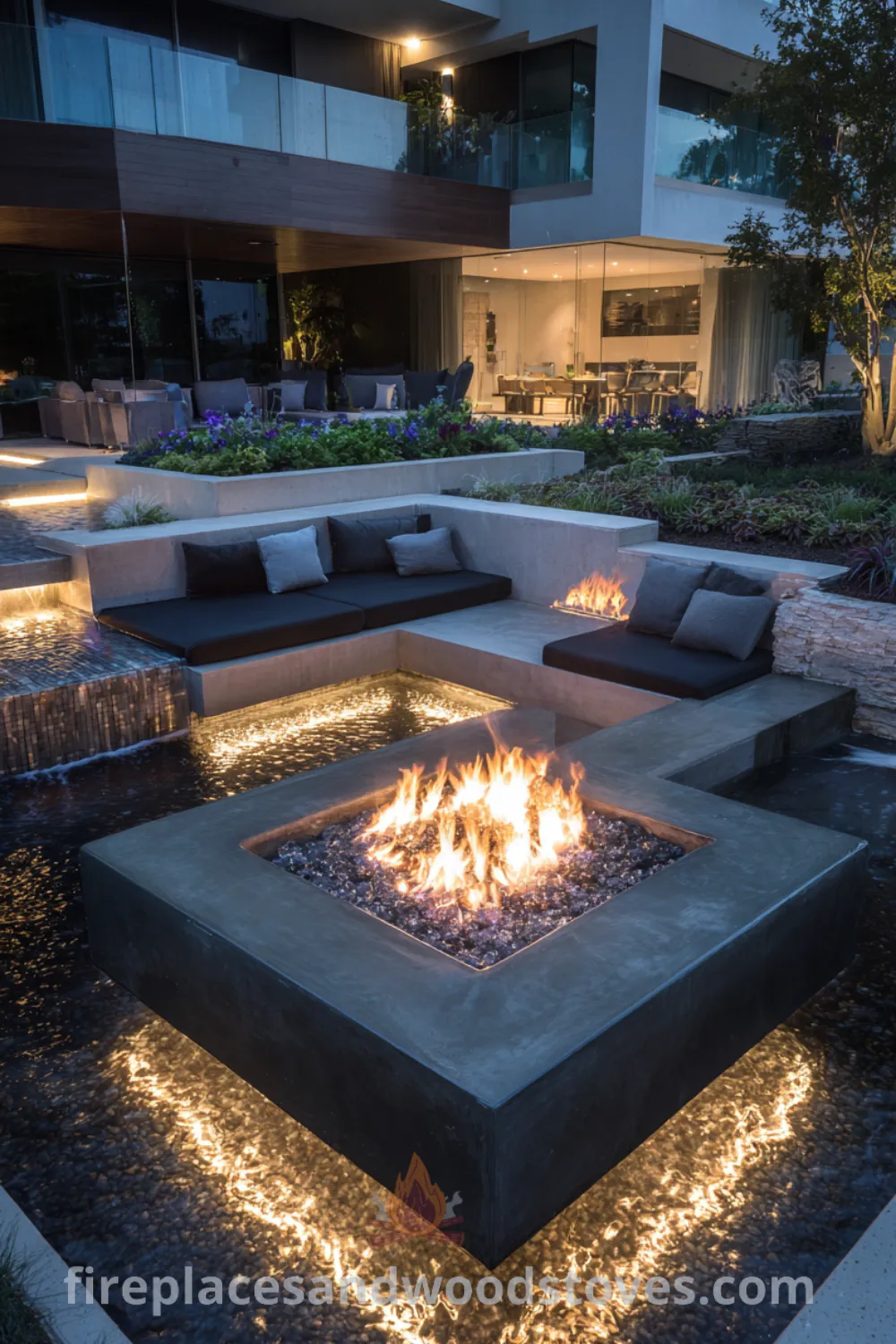 Outdoor lounge featuring a modern luxury fire pit, integrated seating, and ambient LED lighting with serene opulence, bespoke fire pit design, and high-end fire pit aesthetics.