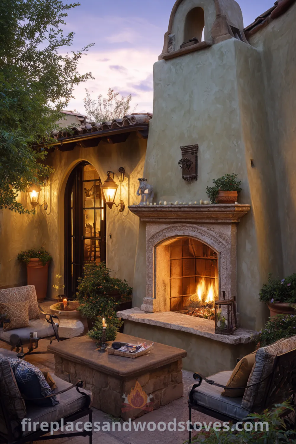 Mediterranean fireplace with arched opening, rustic outdoor furniture, crackling flames, and cozy evening glow in a private patio.