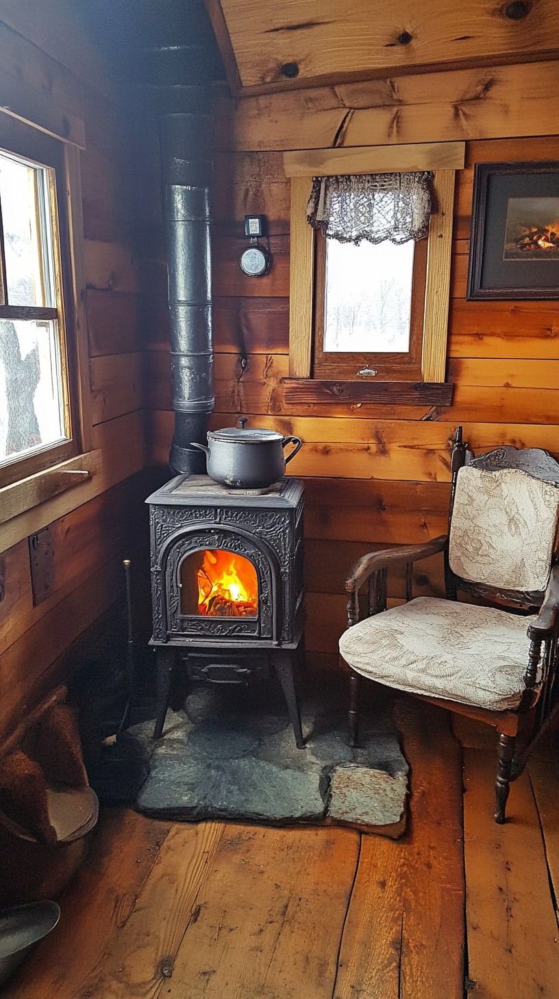 A cozy cabin interior featuring a wood stove, vintage chair, and window showing a snowy landscape outside.