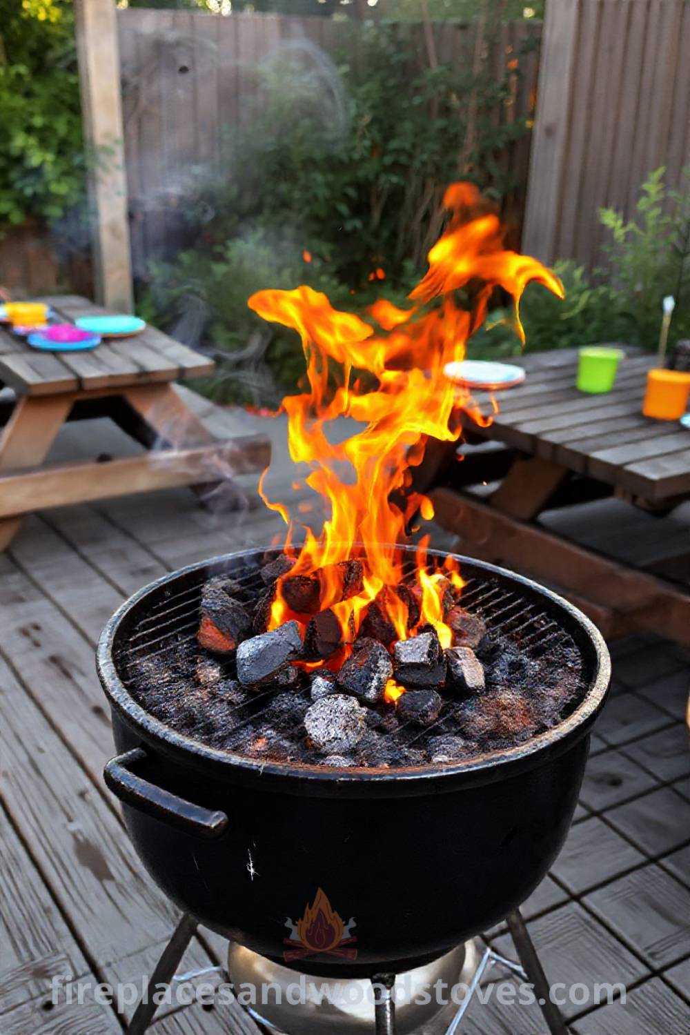 Charcoal grill barbecue on a weathered wooden deck with flames and picnic tables adorned with colorful tableware, creating a cozy and inviting atmosphere for outdoor gatherings. Visit patioandhomefurniture.com for incredible ideas that will wow your guests and inspire your backyard design.