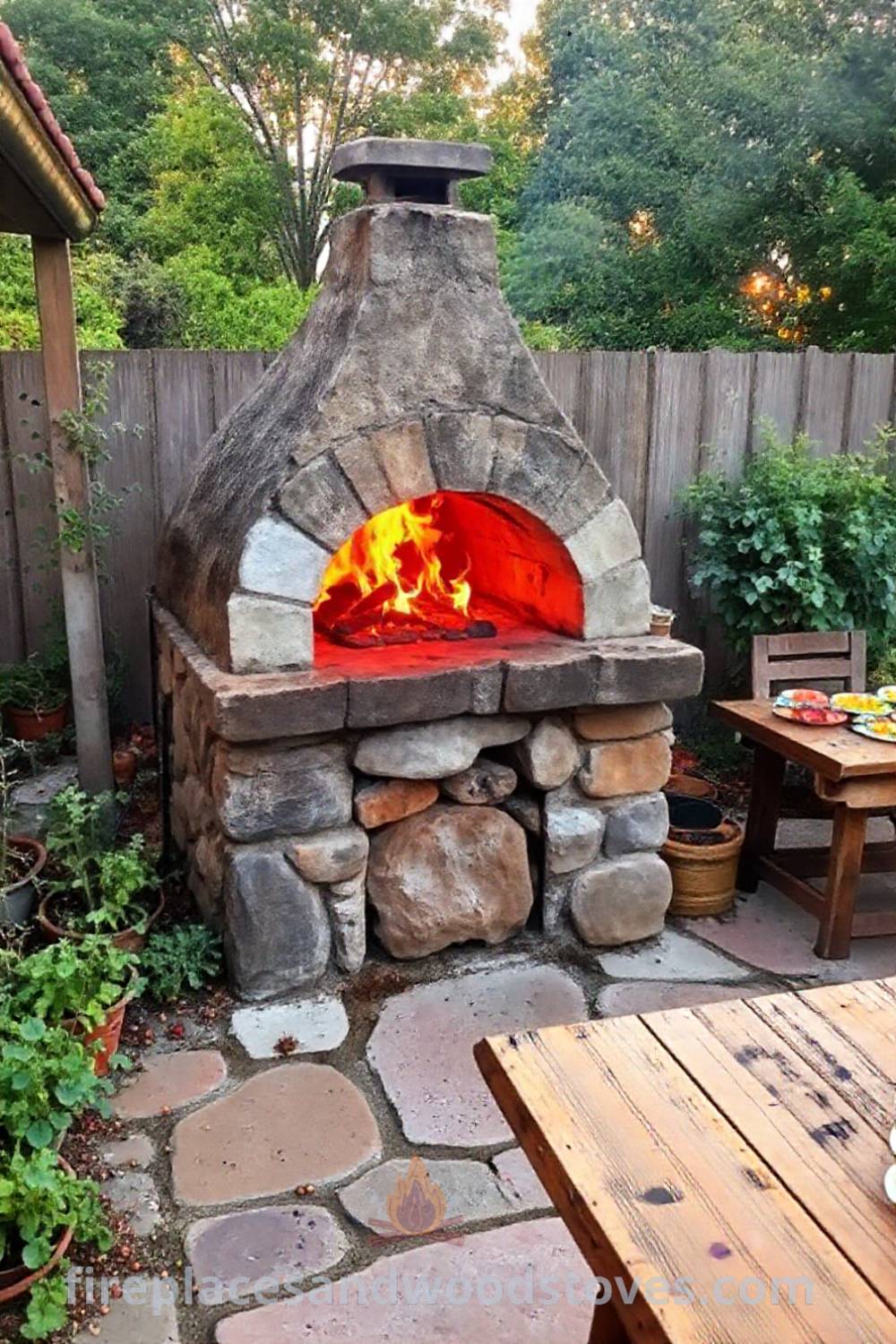 Sturdy stone BBQ oven on a patio surrounded by herbs and potted plants, with a rustic wooden table set for a feast, creating a cozy and inviting outdoor dining experience. Visit patioandhomefurniture.com for stylish outdoor design ideas that will wow your guests.