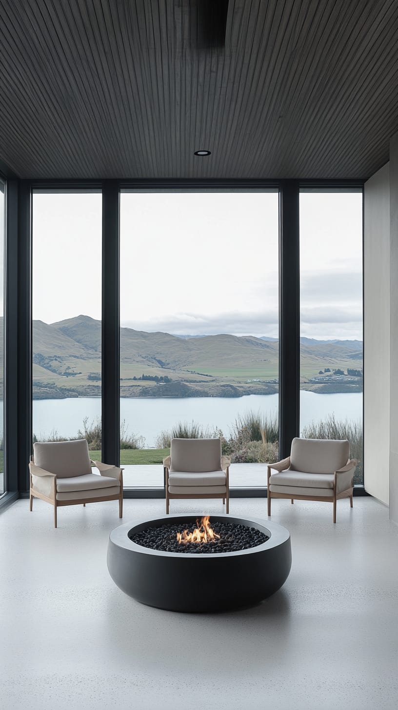 A minimalist circular fire pit surrounded by chairs in a modern living room with large windows overlooking a scenic lake and mountains in New Zealand.