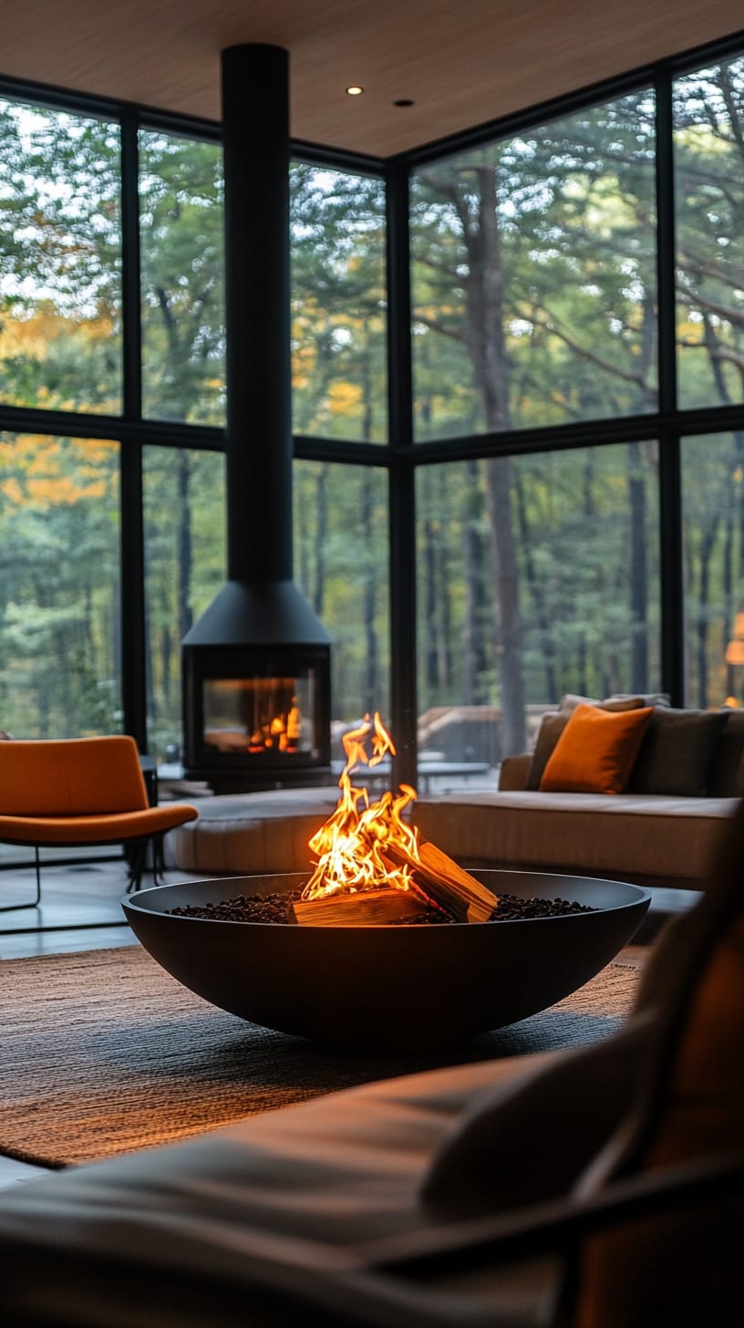 A modern cabin interior with large windows showcasing a forest view, featuring a cozy fireplace and a bowl-shaped fire pit surrounded by contemporary sofas and armchairs.