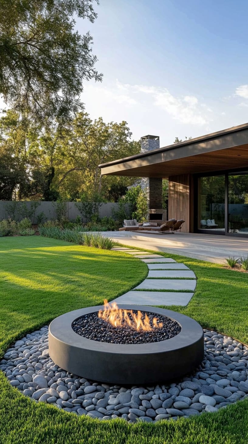 A modern circular fire pit surrounded by pebbles, set in a large green lawn with a contemporary house in the background.