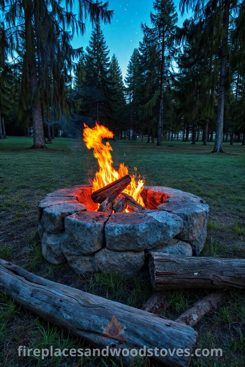 Rugged stone fire pit at the heart of a grassy clearing, surrounded by trees and logs for seating, creating a cozy gathering space for sharing stories under the stars, showcasing incredible outdoor ideas that will wow your guests. Visit patioandhomefurniture.com for stylish designs transforming your backyard.