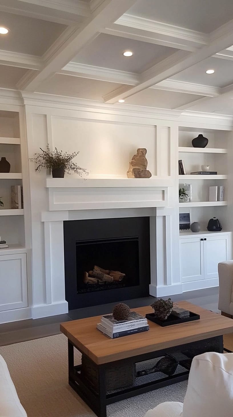 A stylish living room with a white fireplace, coffered ceiling, built-in shelves, and a wood coffee table, creating an elegant and inviting atmosphere.