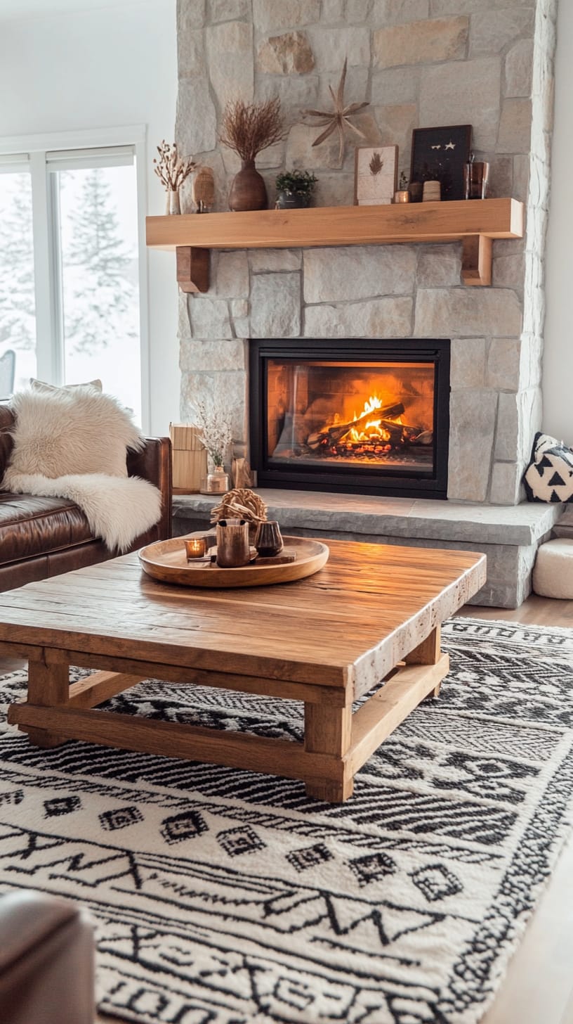 A cozy winter living room featuring a stone fireplace, a rustic wooden coffee table on a black and white patterned rug, and natural light filtering through windows with snow outside.