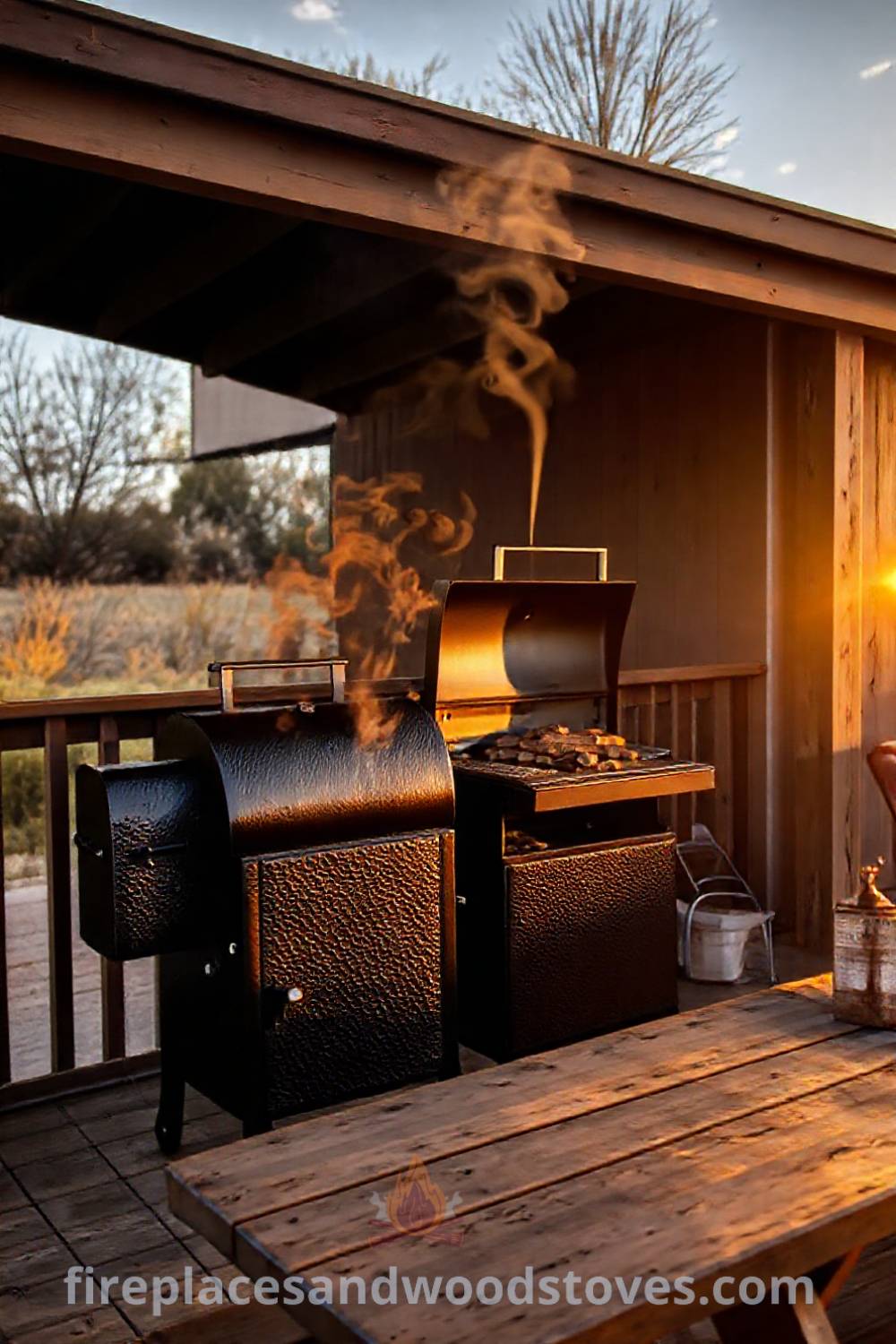 Heavy-duty barbecue smoker made from textured black steel beside a wooden deck and picnic table in a cozy outdoor setting, with a warm sunset glow. Visit patioandhomefurniture.com for stylish outdoor design inspiration.