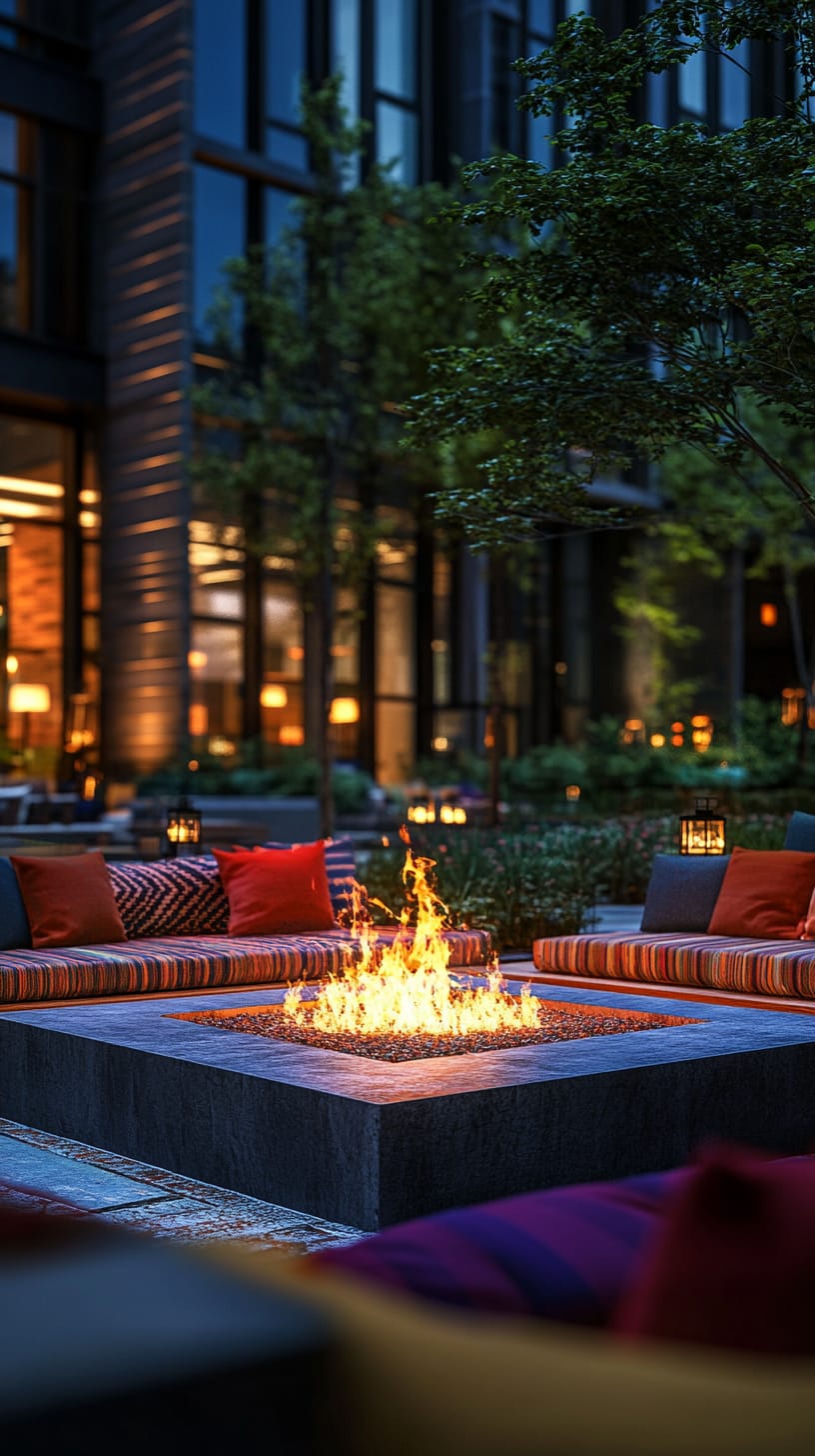 A cozy outdoor seating area featuring a large fire pit surrounded by colorful cushions, modern architecture, and softly glowing lanterns, set in an urban hotel courtyard at night.