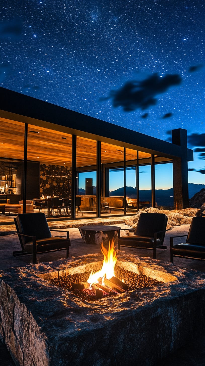 A modernist desert house with glass walls, a large fire pit surrounded by chairs, and a starry night sky filled with bright stars and mountain views.