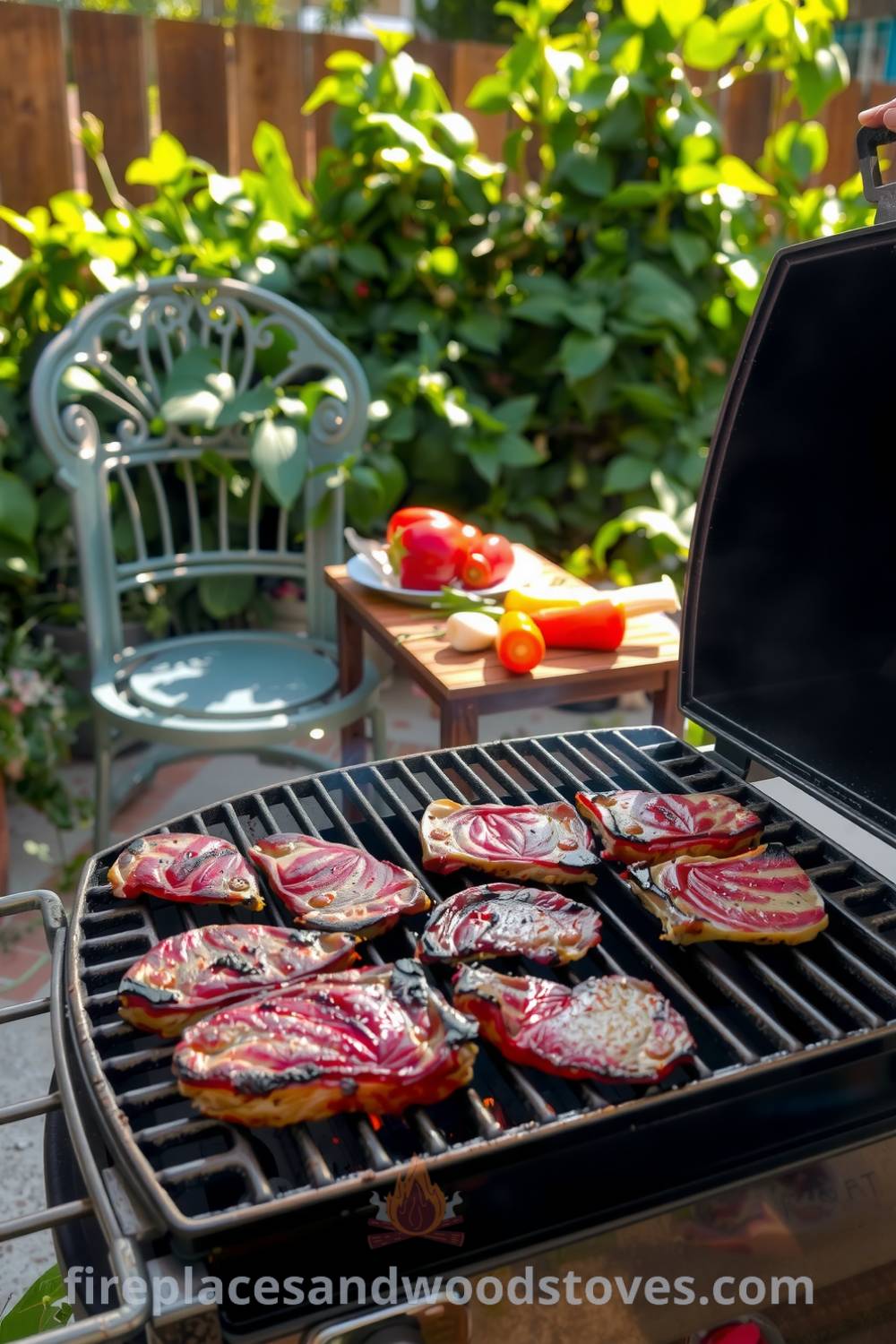 A cozy backyard barbecue scene featuring a sizzling grill with charred meat, an array of colorful vegetables on a wooden table, and lush greenery creating a cheerful atmosphere, offering unique ideas for your home and decor inspirations at fireplacesandwoodstoves.com.