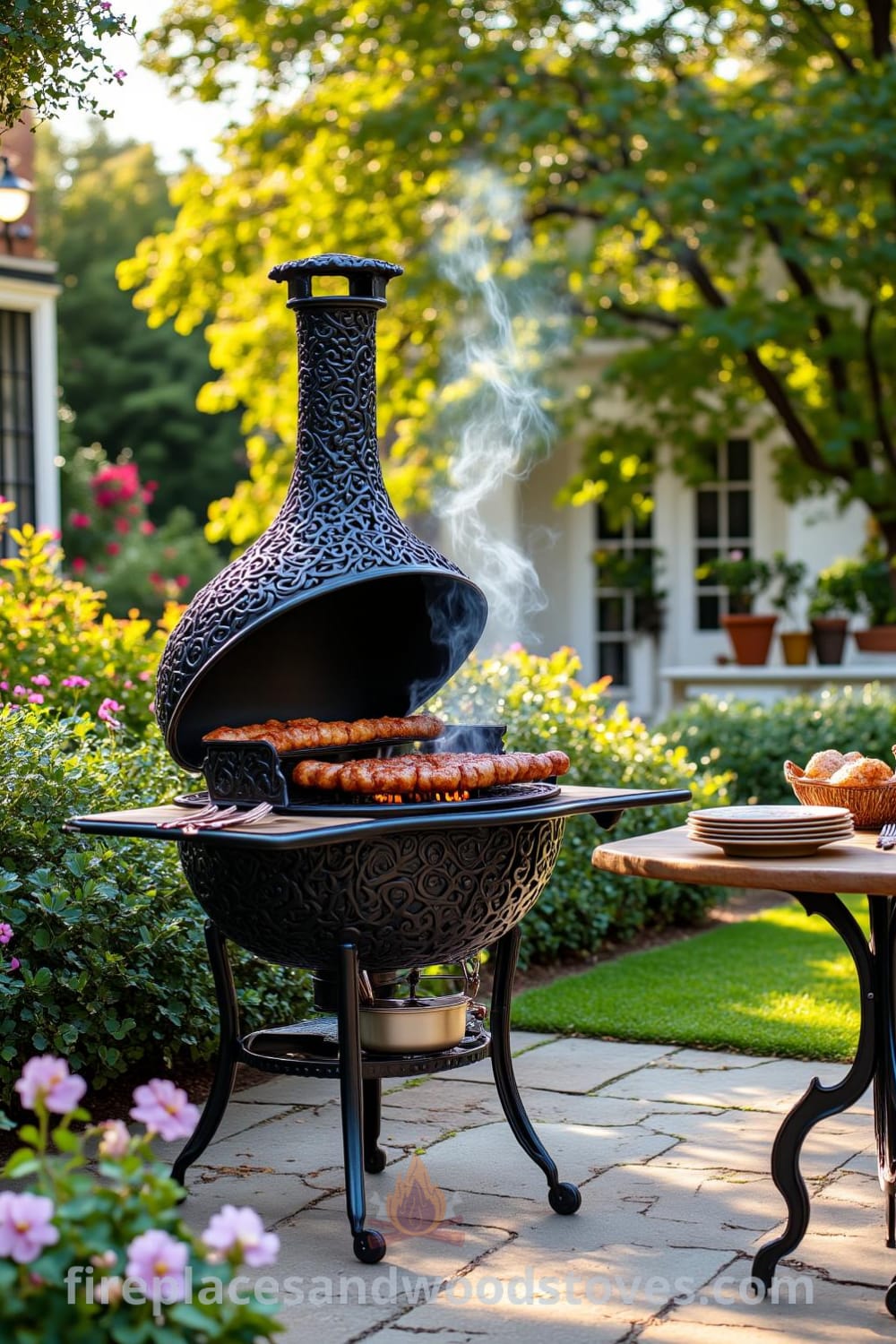 Ornate Victorian wrought iron barbecue on a stone patio surrounded by grass and blooming flower beds, with warm coals flickering and smoke curling upward, showcasing unique decor ideas for outdoor spaces, visit fireplacesandwoodstoves.com.