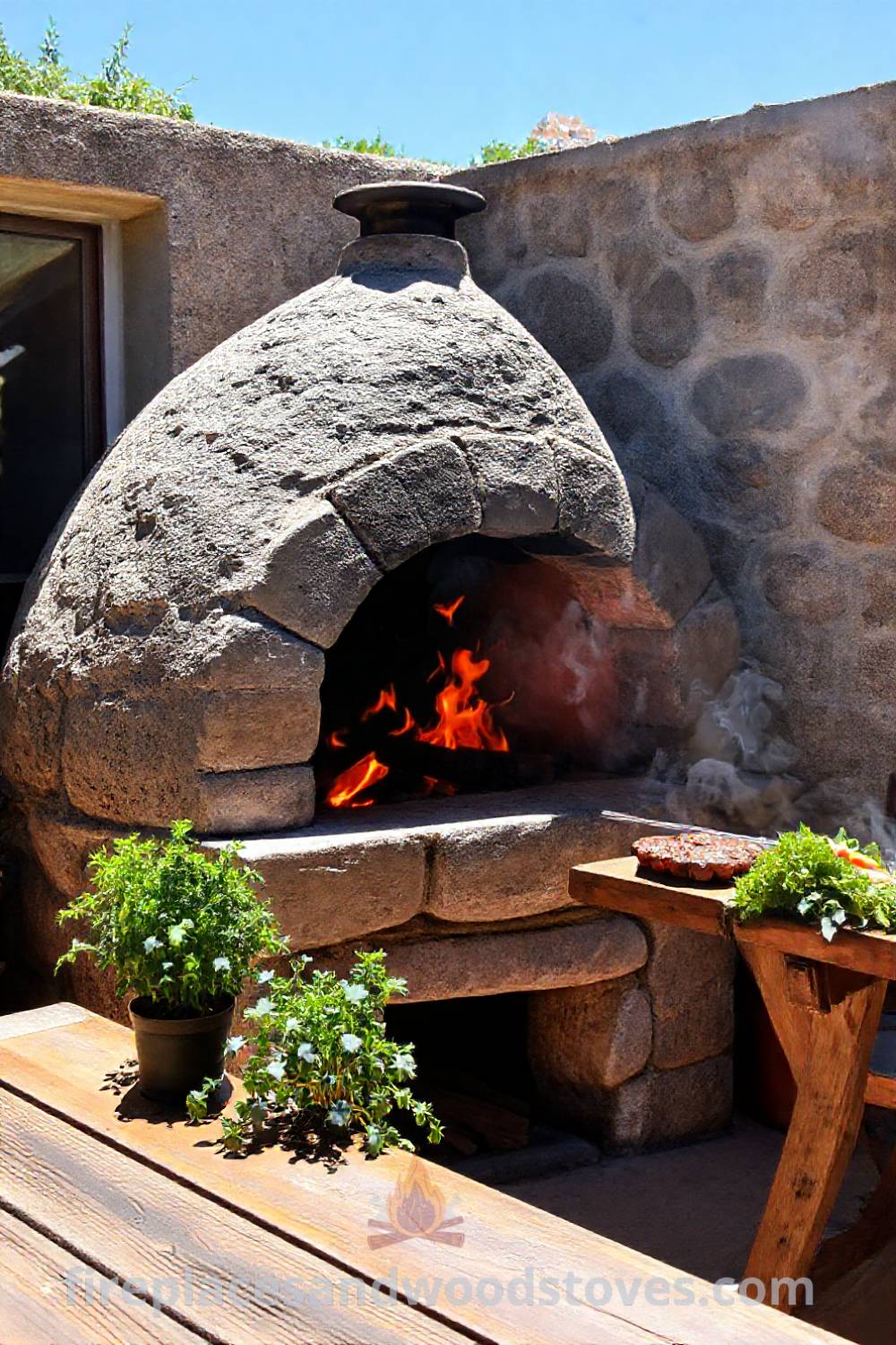 Stone BBQ oven in a sun-drenched patio setting, surrounded by fresh ingredients and potted herbs, creating a cozy and inviting outdoor cooking space. Visit patioandhomefurniture.com for stylish ideas that will wow your guests and transform your backyard.