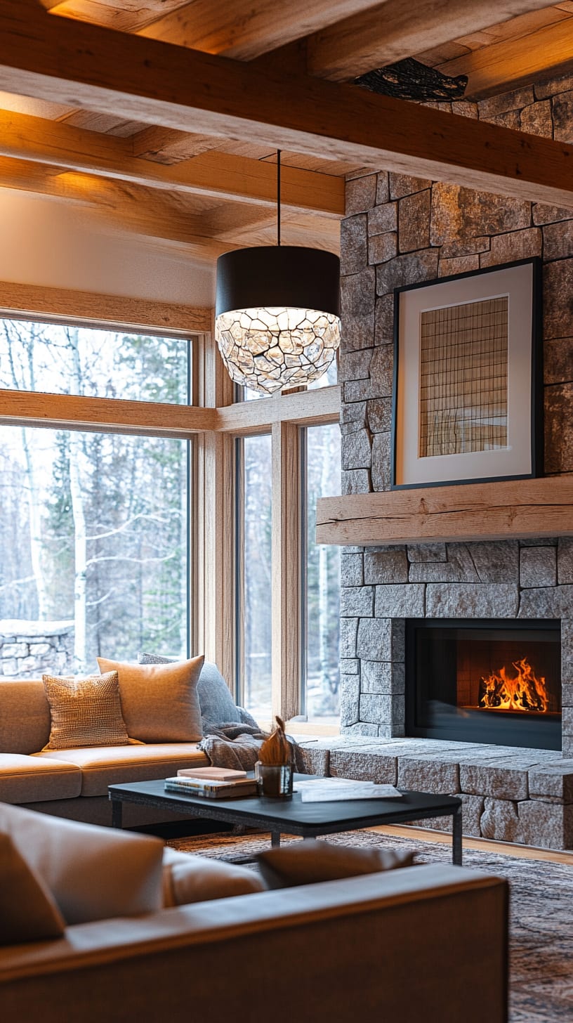 A cozy living room featuring a stone fireplace, large windows showcasing the forest, wooden beams, and a comfortable sofa, creating an inviting and warm atmosphere.