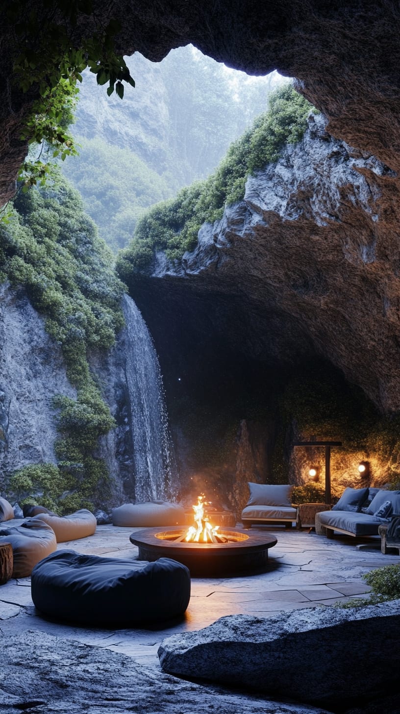 A picturesque cave interior with a fire pit surrounded by sofas, lush greenery, and a waterfall flowing outside the entrance.