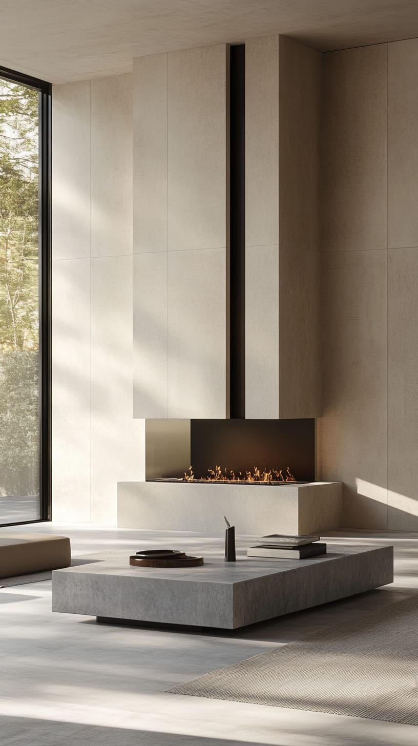 A modern minimalist fireplace featuring a rectangular stone base, large floor-to-ceiling windows, and a serene natural backdrop, creating a warm and inviting living room atmosphere.