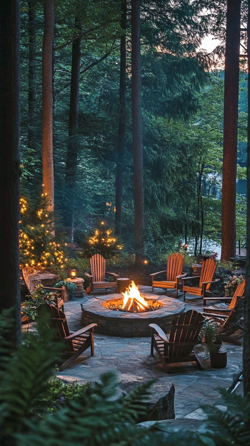 A cozy outdoor setting with a fire pit surrounded by comfortable chairs, illuminated by string lights, set in a forest near a lake at dusk.