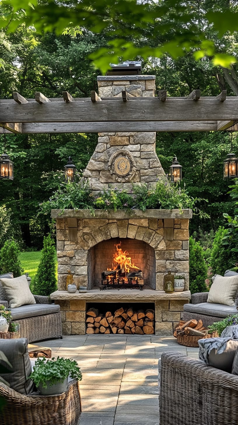 A stone outdoor fireplace surrounded by wicker chairs and hanging lanterns, set in a lush garden, creating a cozy and inviting outdoor space.