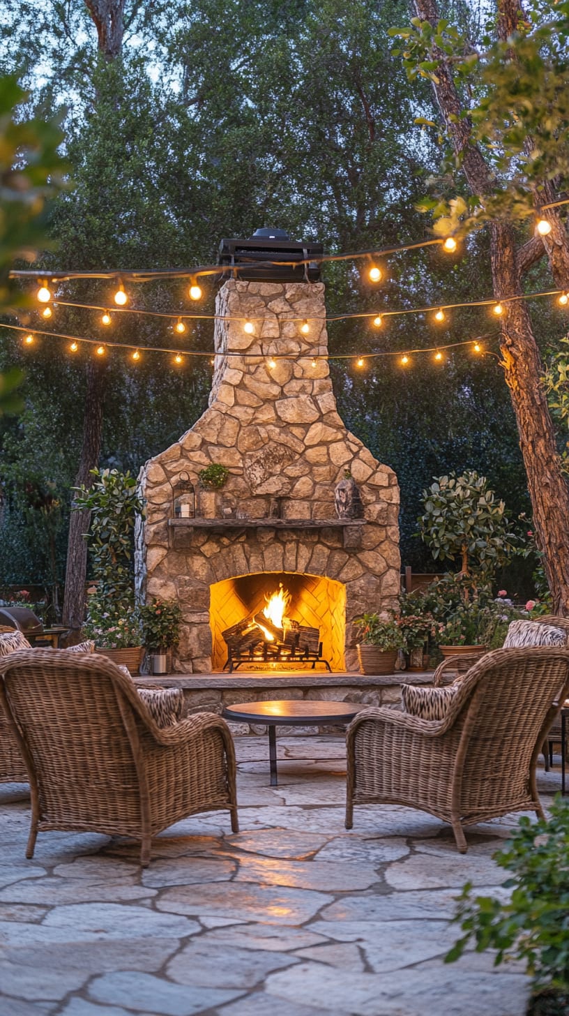 A rustic stone outdoor fireplace surrounded by wicker chairs and string lights, set on a patio amidst lush greenery and trees in an evening atmosphere.