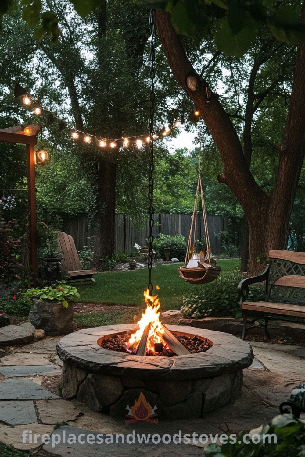 Cozy outdoor fire pit area on fireplacesandwoodstoves.com, featuring sleek outdoor furniture, backyard seating area, and inviting patio ideas for your backyard haven.