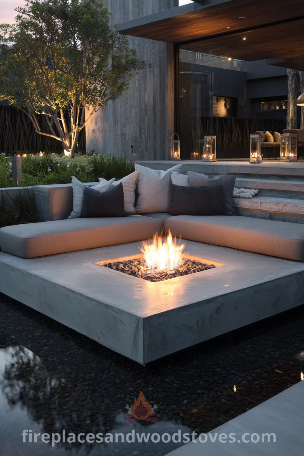 Modern luxury fire pit at the center of a minimalist garden, surrounded by high-end outdoor furniture and an inviting ambiance.