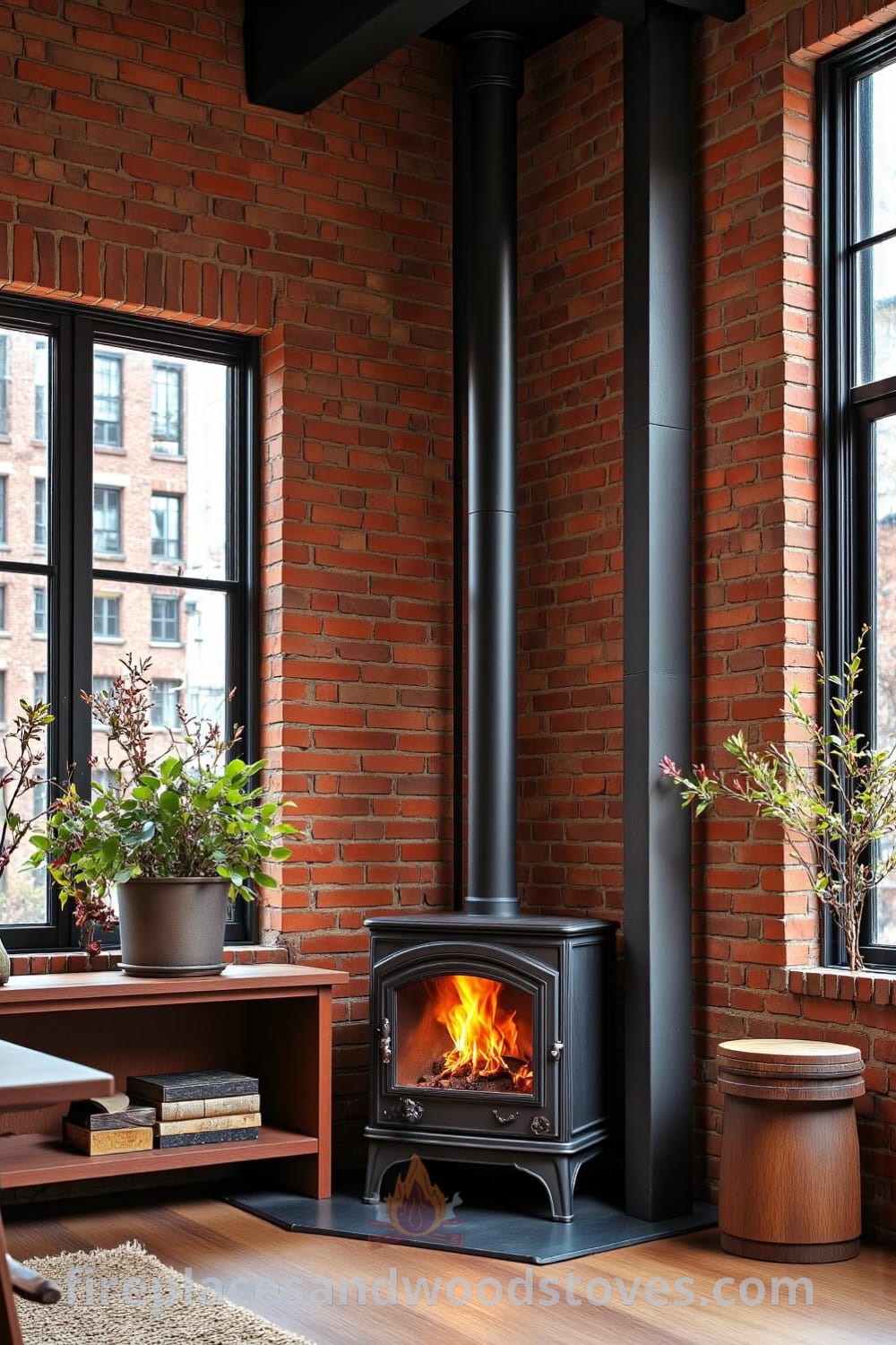 Industrial metal pipe woodstove fireplace in a spacious urban loft, featuring raw steel and flickering flames, surrounded by vintage furniture and exposed brick walls, creating an inviting and cozy ambiance. Visit fireplacesandwoodstoves.com for more cozy ideas and decor inspirations.