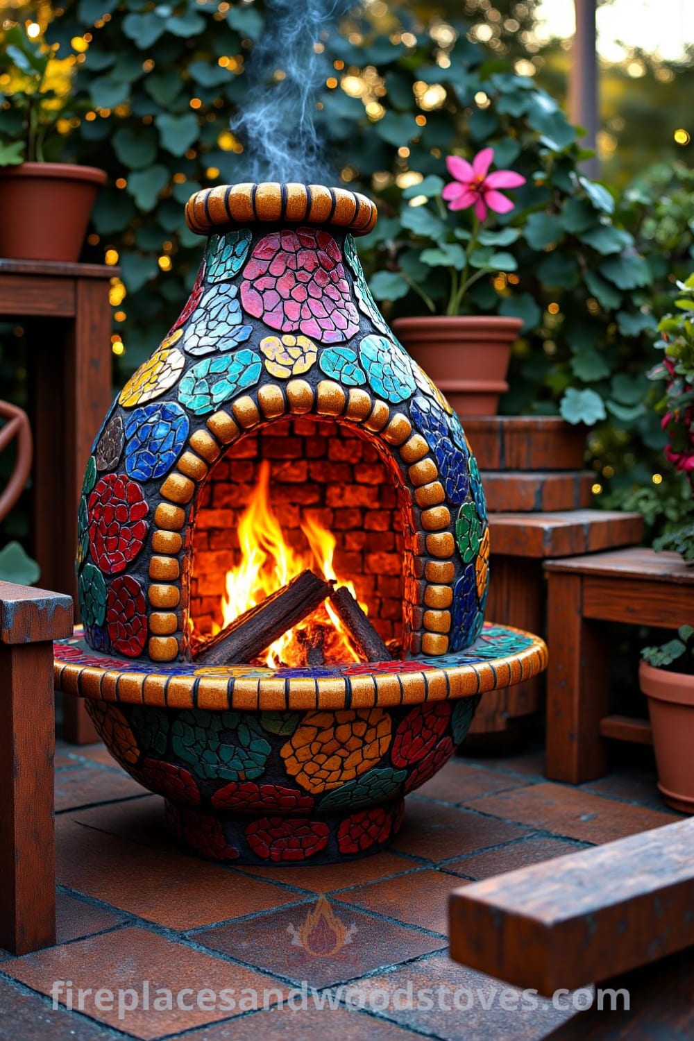 Bohemian mosaic firepit nestled in a vibrant garden corner with colorful tiles reflecting flames, surrounded by lush plants and mismatched wooden benches, creating a cozy and whimsical atmosphere, ideal for decor ideas and inspirations for your home at fireplacesandwoodstoves.com.