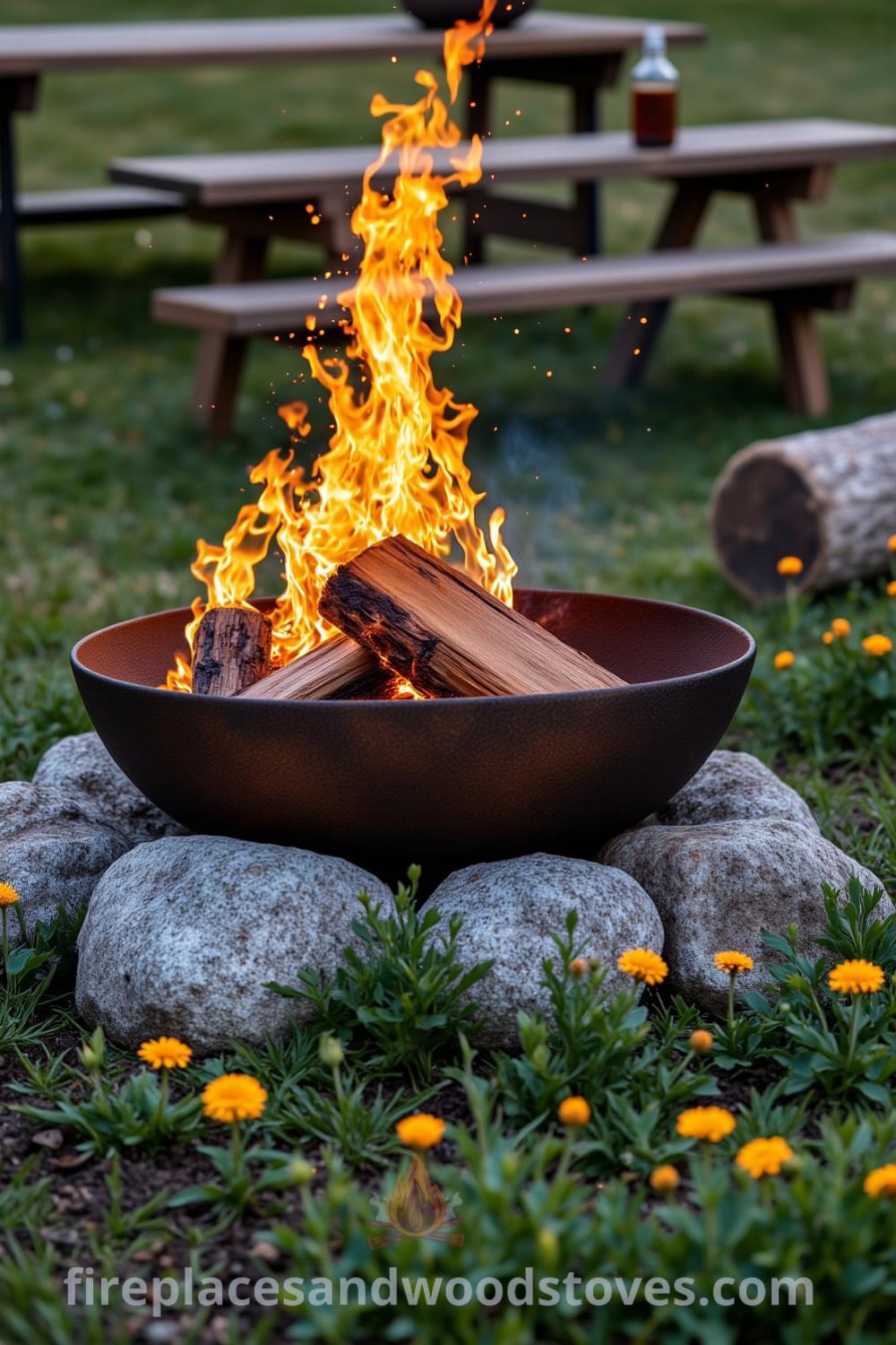 Nomadic firepit barbecue on grassy patch surrounded by wildflowers, with flames flickering and illuminating a rustic wooden picnic table, creating an inviting atmosphere perfect for outdoor gatherings at fireplacesandwoodstoves.com.
