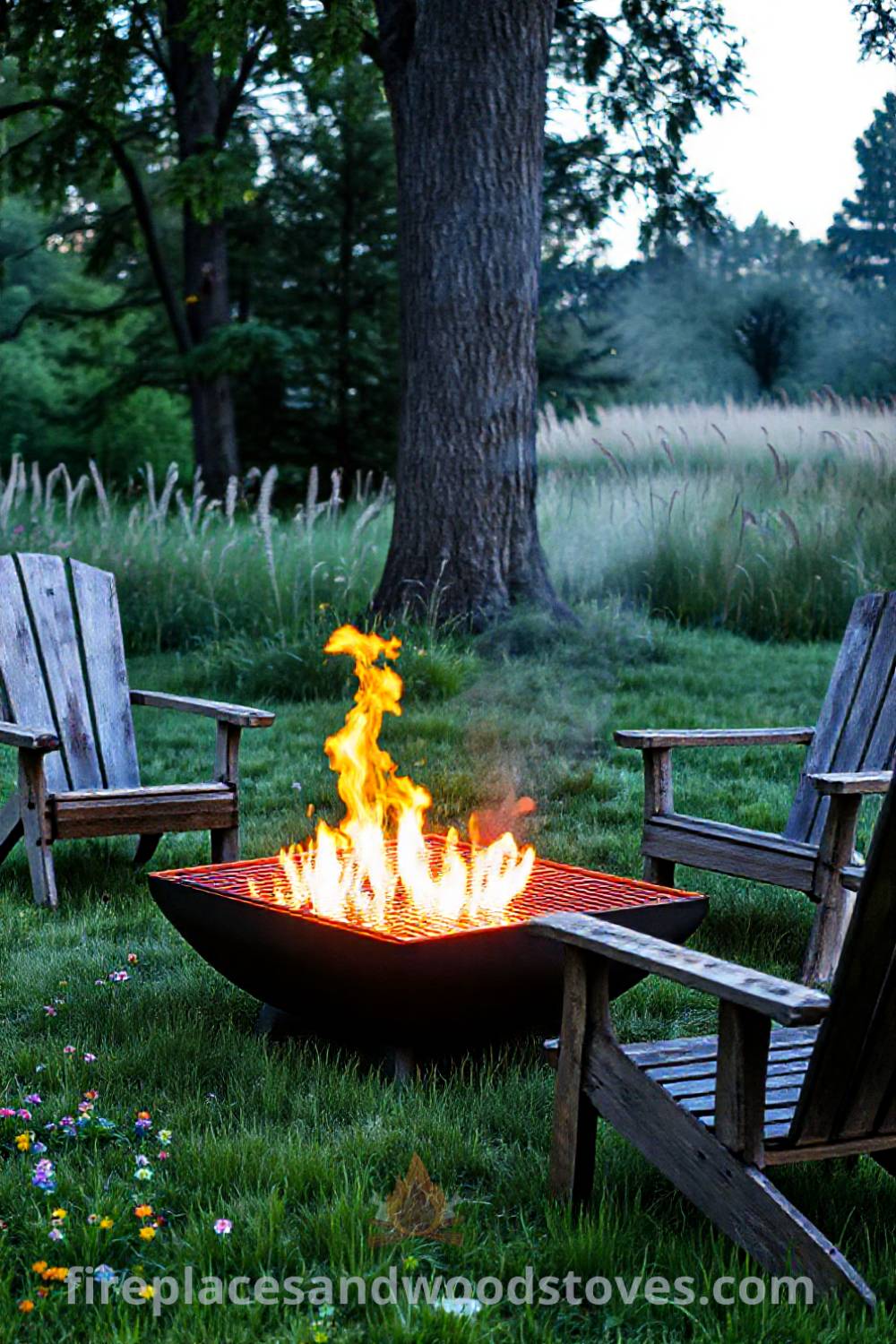 Sleek metal fire pit with wood-burning grill grate surrounded by flowers and tall grasses in a lush green lawn, creating a cozy outdoor ambiance perfect for gatherings. Visit patioandhomefurniture.com for stylish ideas transforming your backyard into a dream space.