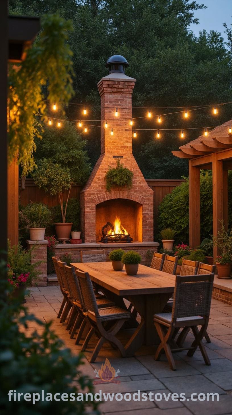 An outdoor kitchen and dining area featuring a brick fireplace, wooden dining table on stone-paved flooring, surrounded by greenery and string lights.