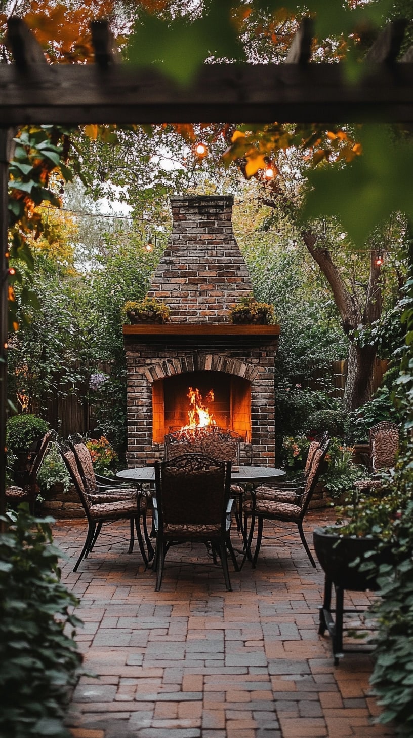 An inviting outdoor fireplace surrounded by brick pavers and chairs, set in a lush garden with greenery, creating a warm atmosphere for gatherings.