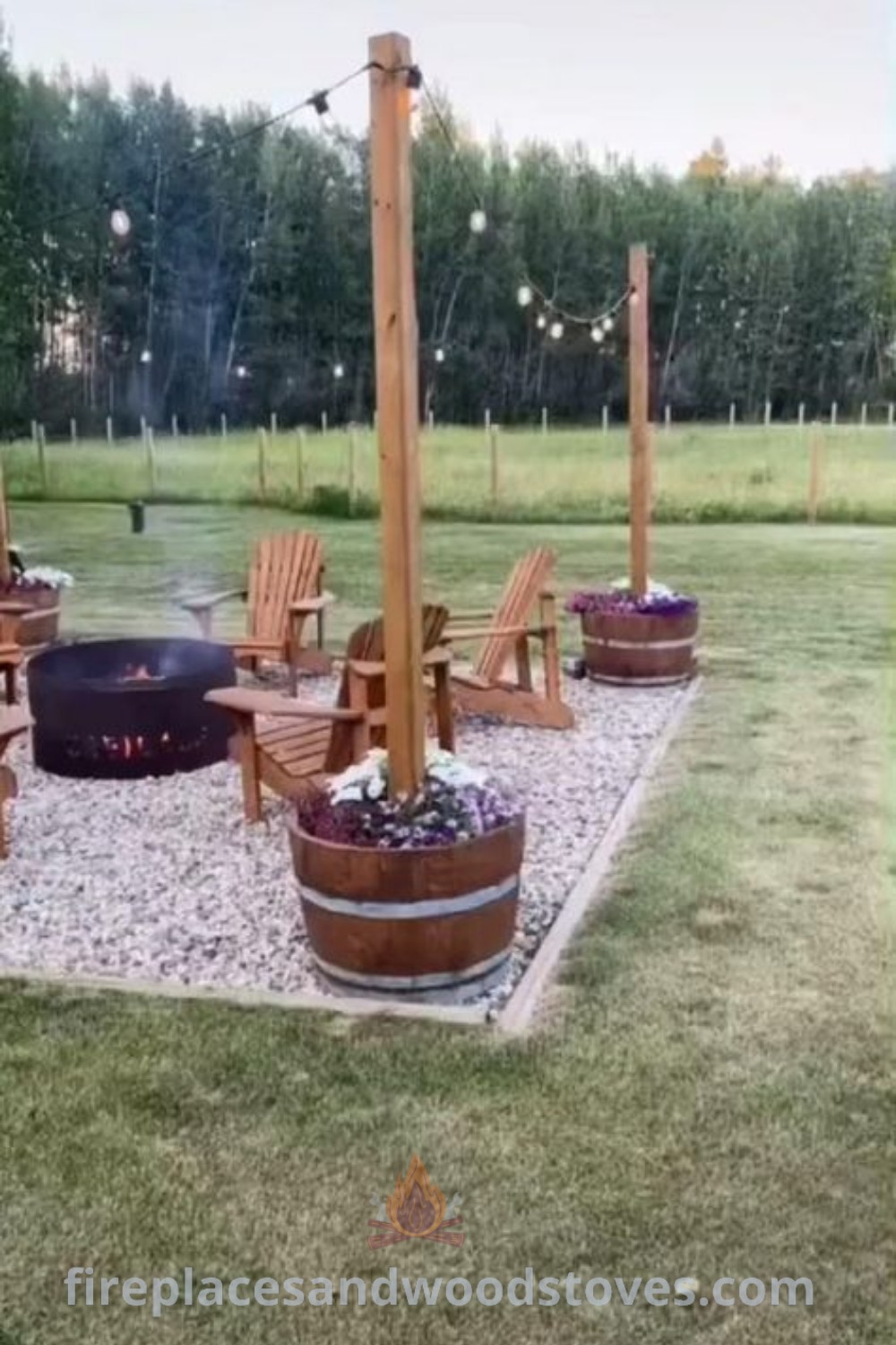 An outdoor fire pit surrounded by wooden chairs, creating a cozy and inviting atmosphere for gatherings. This stylish setup is perfect for outdoor relaxation and entertainment. Discover more incredible backyard ideas at patioandhomefurniture.com.