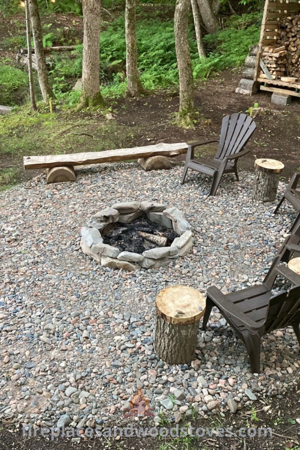 A cozy fire pit seating area surrounded by chairs and logs, ideal for summer hangouts and outdoor gatherings. Discover stylish patio ideas that enhance your outdoor living space at patioandhomefurniture.com.