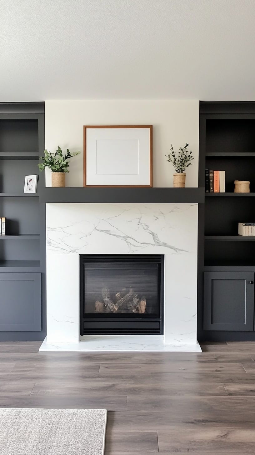 An elegant fireplace with built-in dark gray bookshelves and white marble surrounds, featuring a framed picture above it in a modern living room.