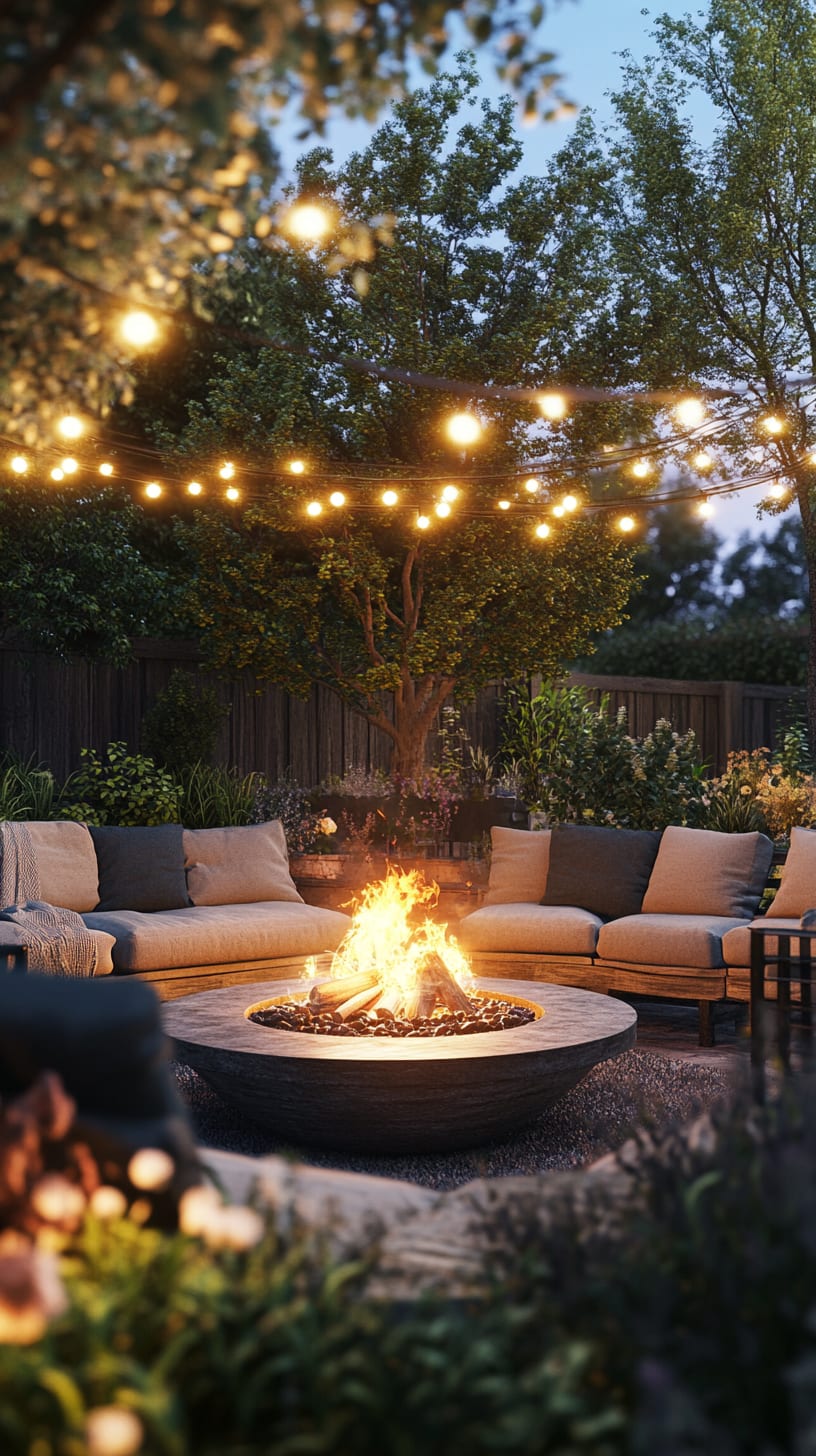 A cozy outdoor seating area featuring comfortable sofas, a large fire pit, string lights, and a lush backdrop of trees and flowers, creating a warm and inviting atmosphere for gatherings.