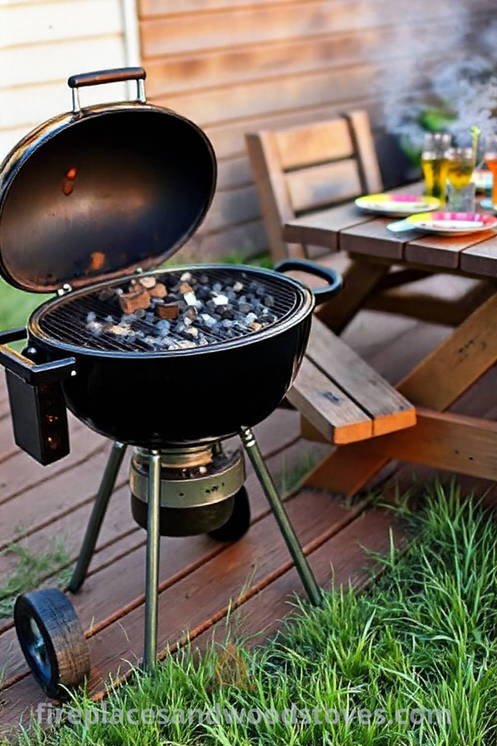 Classic charcoal grill on a wooden deck beside a picnic table with colorful plates and drinks, surrounded by green grass, creating a cozy outdoor space perfect for summer gatherings. Visit patioandhomefurniture.com for stylish outdoor design ideas that will wow your guests.